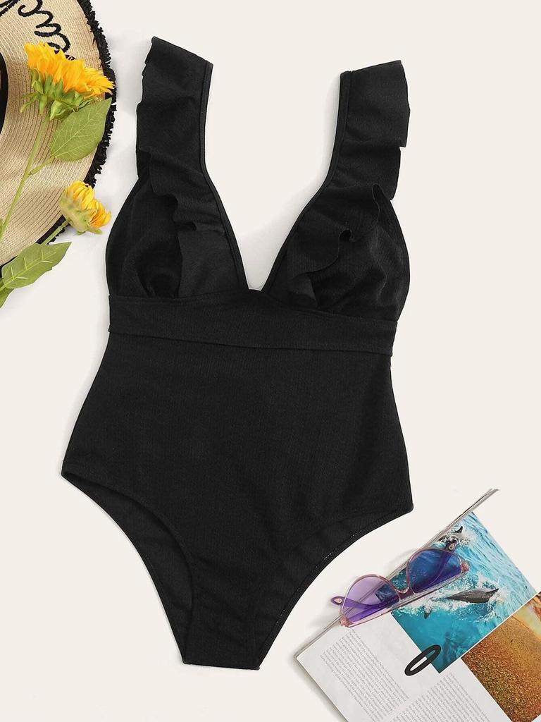 European and American Style Women Fashion Ruffled Tummy Control Bikini Lace Up Back Swimwear Plunge Monokini Swimsuit One Piece Backless Bathing Suit
