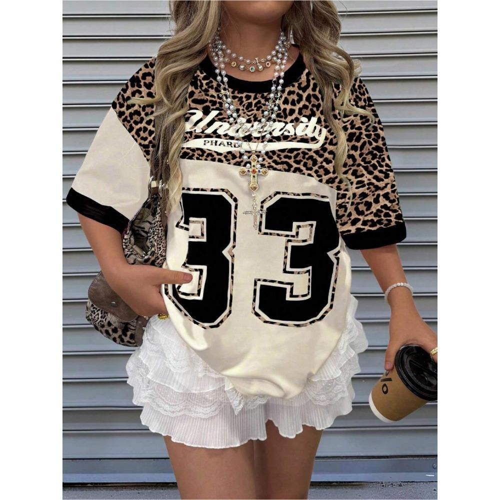 

Plus Size Women s Casual Contrast Color Digital Print Crew Neck T-Shirt, Summer 5XL