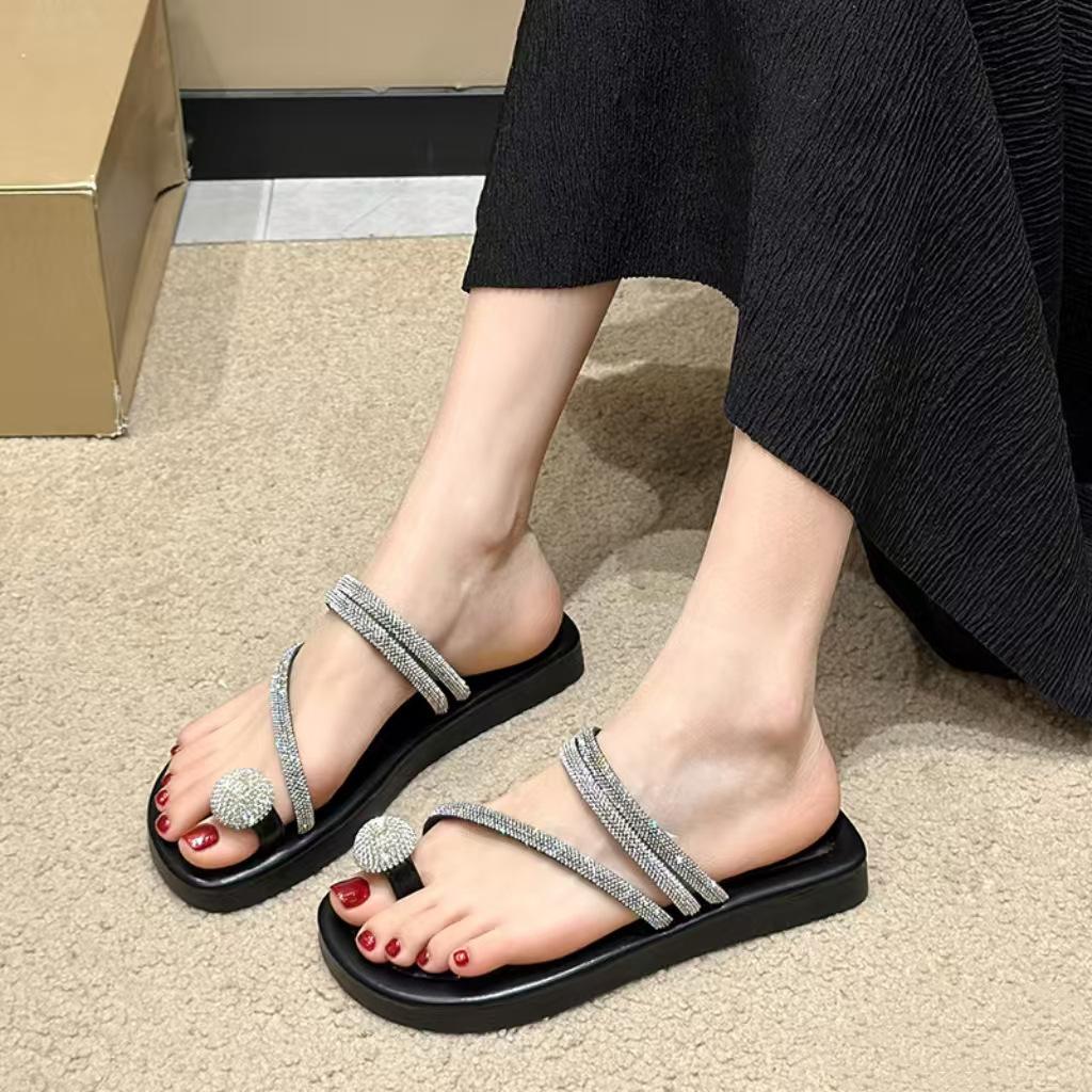 Fashion Crystal Ball Clip Toe Sandals Women Glitter Beading Flat Sandalias Mujer Two Wears Silver Leather Slides Summer Shoes for Woman