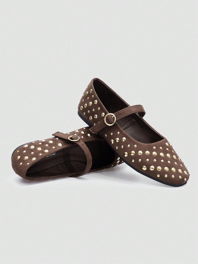 Brown Square Toe Mary Jane Flats with Large & Small Sequin Decorations and Single Strap Buckle