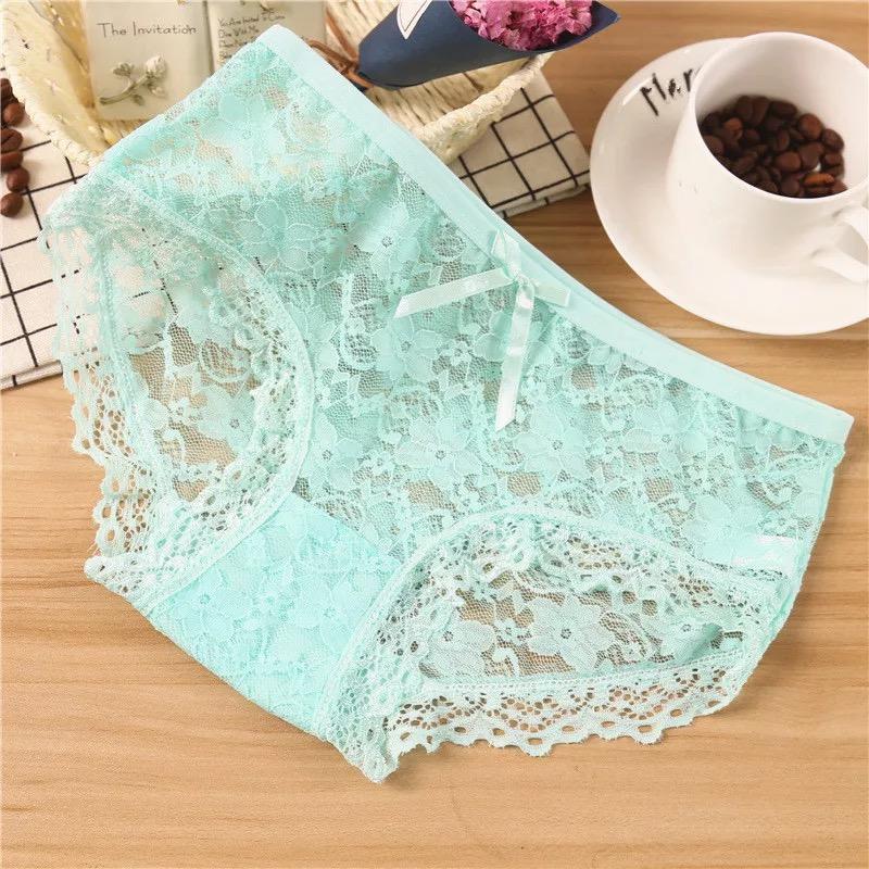 Ladies Sexy Underwear Lace Breathable Briefs Panties Breathable Lace Trim Mesh Briefs