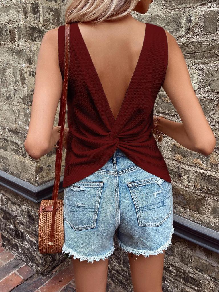 Summer Backless V-neck Knit Casual Sports Tank Top for Women