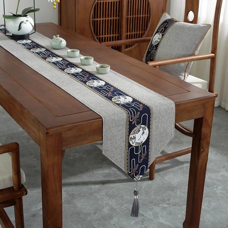 Chinese Style Table Flag Waterproof Oil Resistant Tassel Table Runner Tea House Tea Towels Zen Tea Table Cloth Hotel Bed Flag
