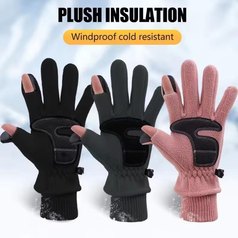 Solid Color Fleece Winter Warm Gloves for Unisex Two Finger Touch Screen Anti Slip Outdoor Motorcycle Riding Wrist Tightening