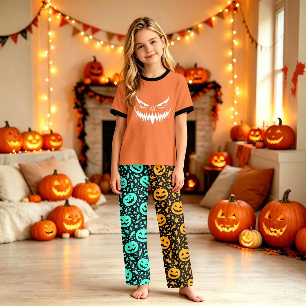 Family Matching Halloween Print Pajama Set Short Sleeve Top and Pants for Couples and Kids