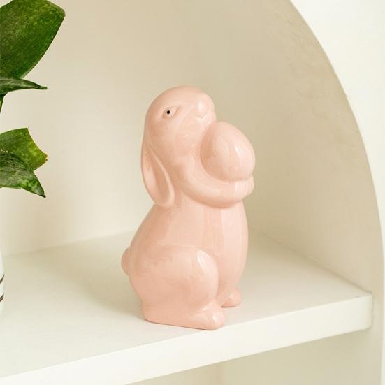 Easter Ceramic Bunny Figurine Holding Egg Look-up Rabbit Statue Sculpture Spring Easter Holiday Party Decoration