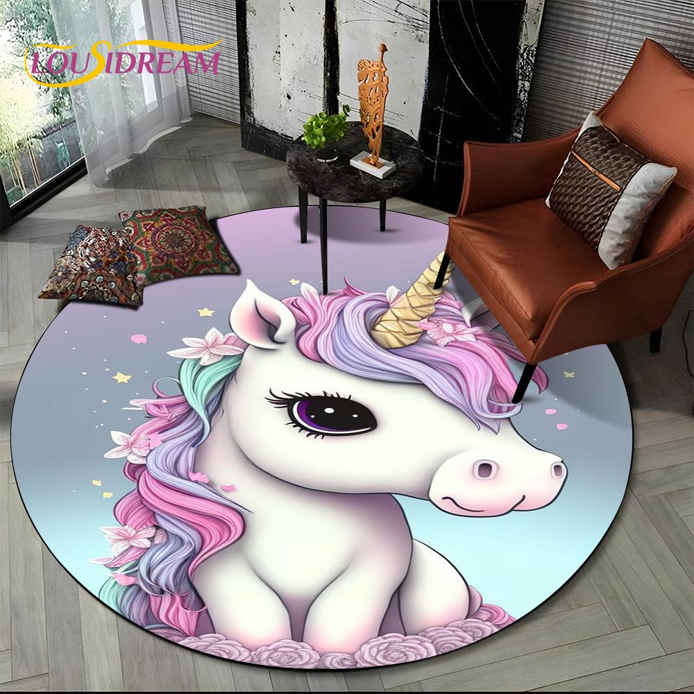 3D Cute Unicorn Cartoon Girl Gift Round Carpet Rug for Living Room Bedroom Child Playroom Decor,Pet Area Rug Non-slip Floor Mat