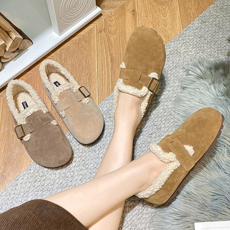 Fashion Faux Suede Lambswool Shoes Woman Cotton Fur Flats Winter Curly Lana Loafers Femme Warm Slip On Woolen Mocasines Snow Furry Botas