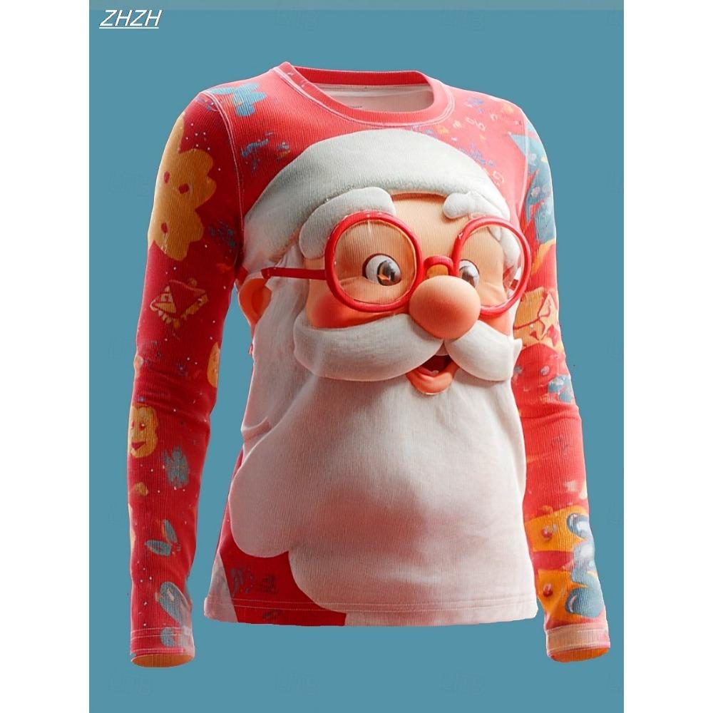 Women's Christmas Santa Long Sleeve T-Shirts, Festive Snowflake Print Top, Holiday Party Wear, Fall Winter Seasonal Style