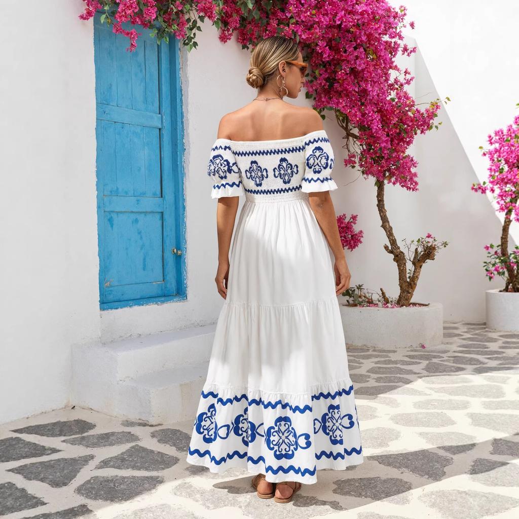 Abbigliamento da donna europeo e americano estate nuova moda stampa spalla a un pezzo manica corta due modi di indossare vestito lungo Vestito midi