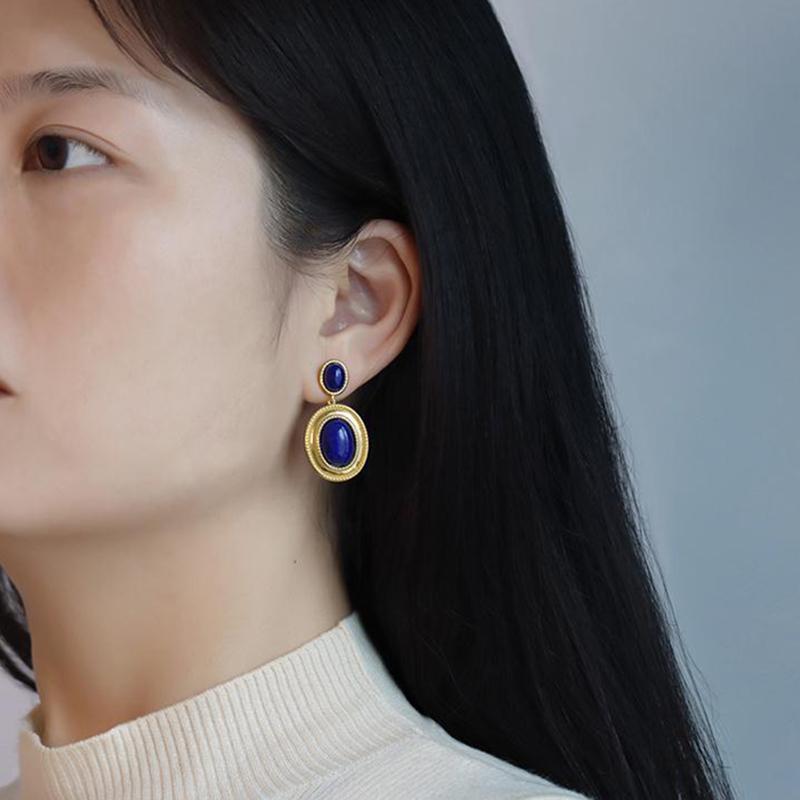 New Design Inlaid Lapis Lazuli Oval Hollow Earrings Exaggerated Punk Style Retro Ancient Gold Craftsmanship Women's Jewelry