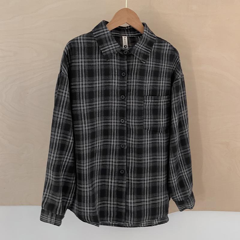 Plaid Shirt Spring and Autumn New Korean Temperament Casual Style Long-sleeved Lapel Jacket Women's Hong Kong Style Retro Versatile Top