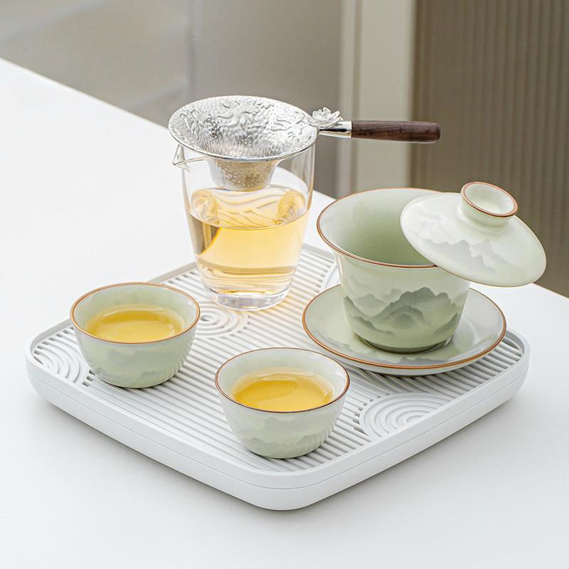

New Chinese Ru Kiln Mountain and Sea Mist Realm Teaware Set Ceramic Nourishing Opening Tea Cup Business Gift Four-piece Set светло-зеленый