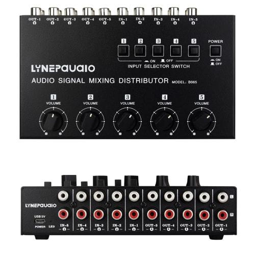 5-in-5-out Mini Audio Mixer, Compact Stereo Distributor with RCA Interface, Independent Volume Control, Independent Input Switch, No Wear, 15dB Signal