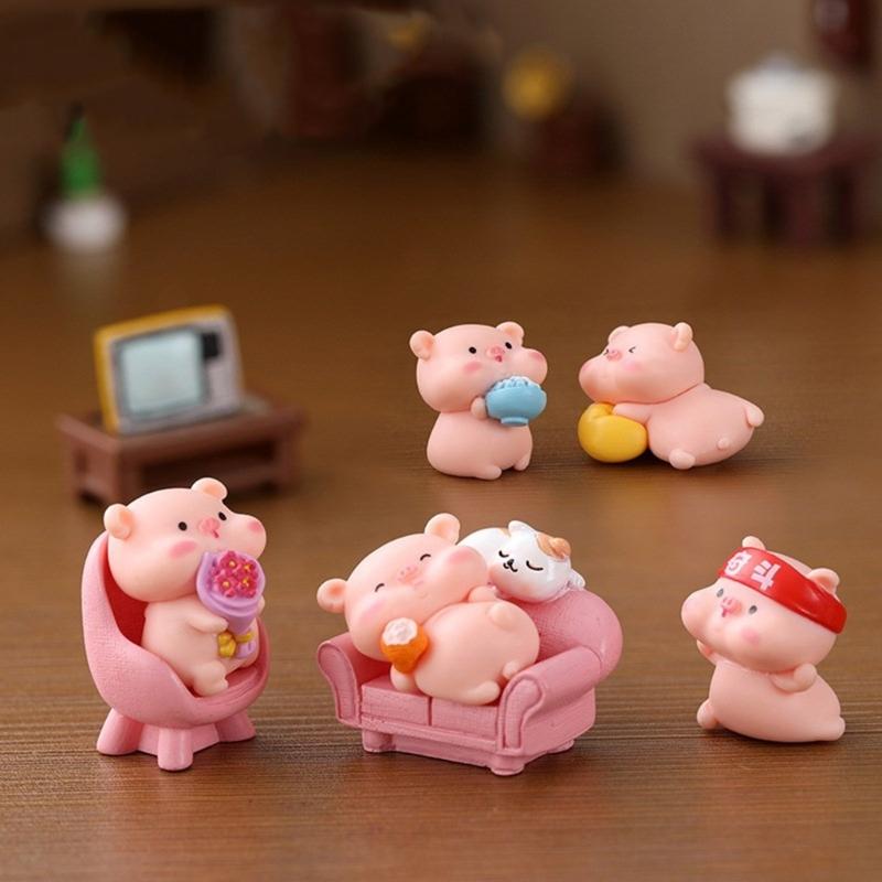 6Pieces Pink Pig Dolls Cartoon Animal Miniature Figurines for Car Rear View Mirror and Home Office Desktop Shelf Decors
