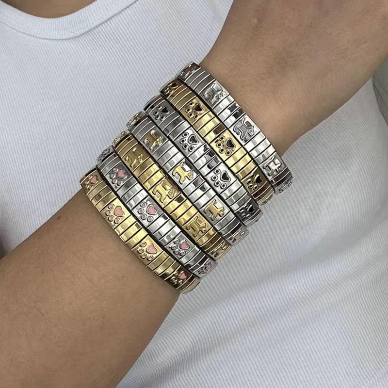 Mode Katzenpfote Hund Kirsche Italienische Charms Armband Edelstahl Elastisch Klobig Punk Armreif Herren Damen DIY Schmuckherstellung Geschenke