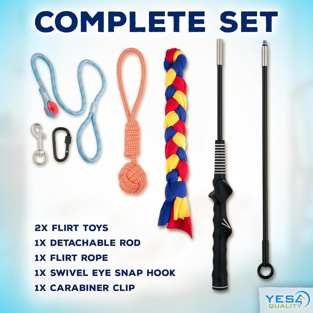 YES4QUALITY Flirt Pole for Dogs - Safe & Strong for Large Breeds with Nylon Cord - Spring Pole for Tug of War, Interactive Play & Puppy Training -