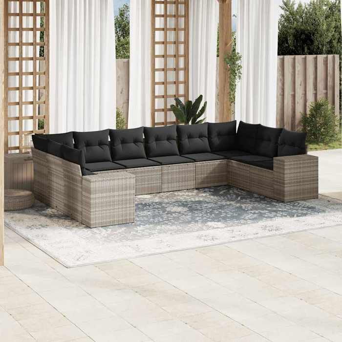 VidaXL Salon de Jardin avec Coussins 10 pcs, Canapés de Patio, Ensemble de Meubles, Mobilier de Terrasse Exterieur, Gris 3223071