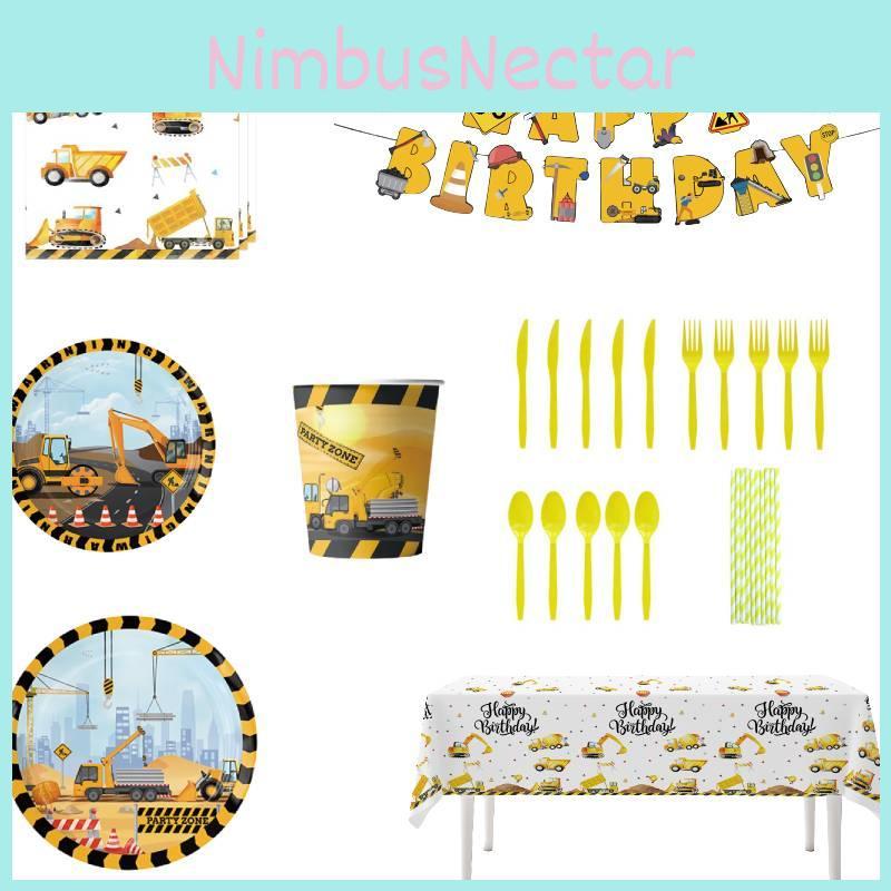 Disposable Paper Plates Cups Napkins And Tablecloth Set Excavator Themed Birthday Party Supplies