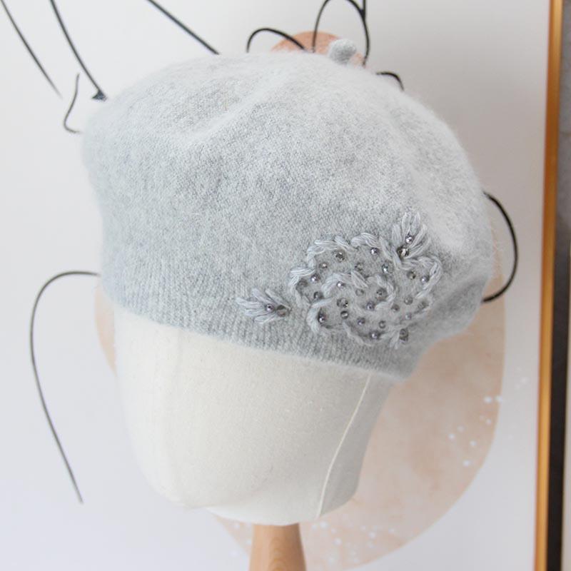 Handmade Beaded Flower Beret Women's Autumn and Winter Rabbit Cashmere Double-layer Knitted Hat Fashionable and Elegant Warm Temperament Thread Hat