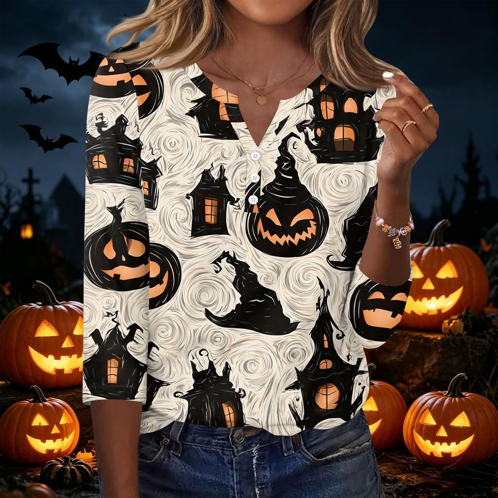 Women's Casual Halloween Print V Neck Button Three Quarter Sleeve T Shirt Top Lightweight Comfortable Fit for Seasonal Wear