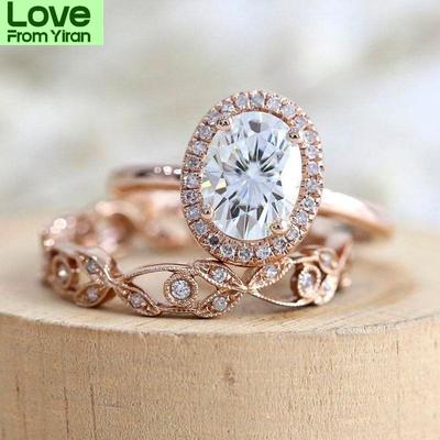 Sale Ladies Fashion 2pcs /Set Rose Gold Color Oval Zircon Inlaid Crystal Ring For Wedding Jewelry Whole Sale