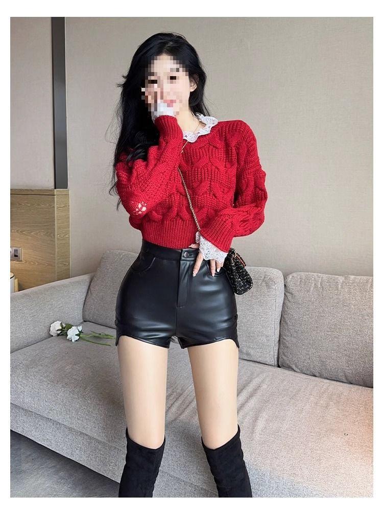 Women's Brown Leather Hip-Hugging Slimming Bootcut Shorts, Autumn/Winter 2025 Korean Style, Irregular Skinny Fit