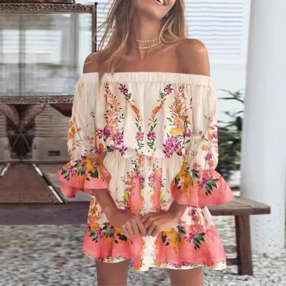 European and American independent station sexy fashion one-word shoulder print dress women's clothing, spot