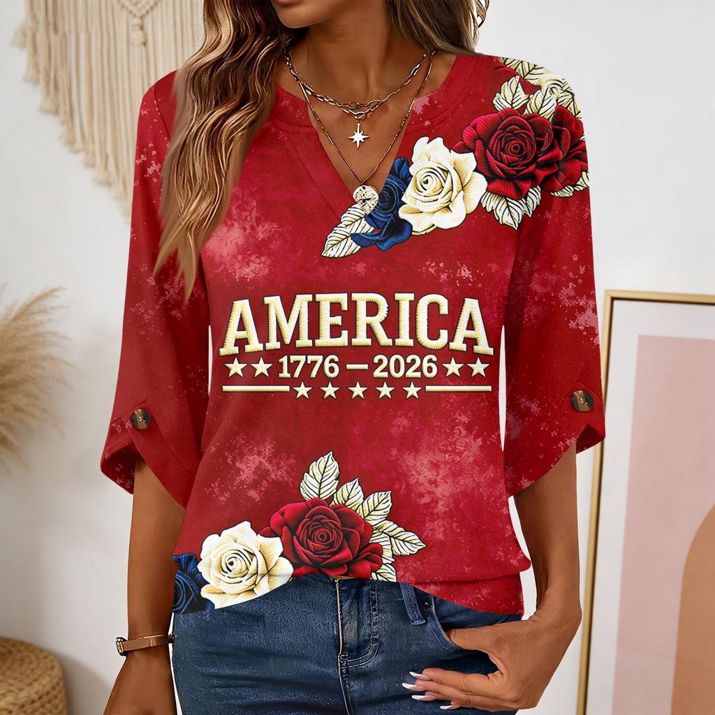 Women’s V Neck 3/4 Sleeve Casual Top with 250th Anniversary Butterfly Print Relaxed Fit Independence Day Shirt