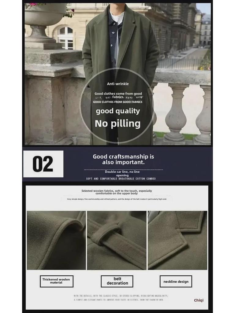 Pánský dlouhý vlněný kabát proti větru v korejském stylu