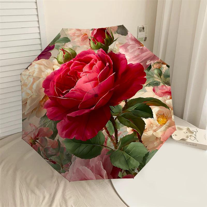 

1PC Rose FloralAutomatic Open/Close Umbrella with Windproof, 8-Rib Sturdy Canopy, Durable Ribs, Fashionable Design1235A