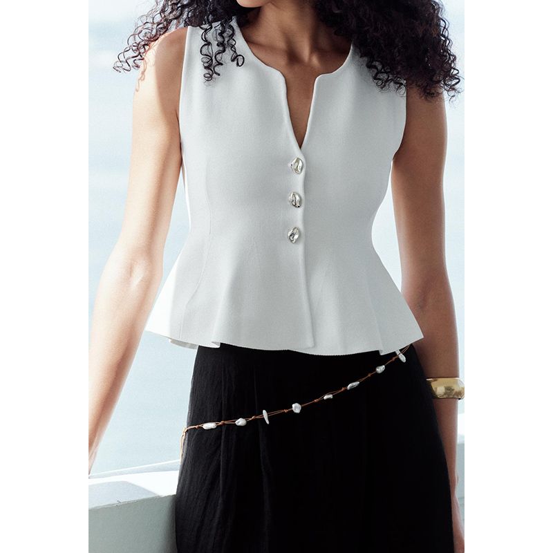 Summer New Product Women's Clothes Decorated Row Button Cropped Short Skirt Hem round Neck Simple Knitting Tops 5536075