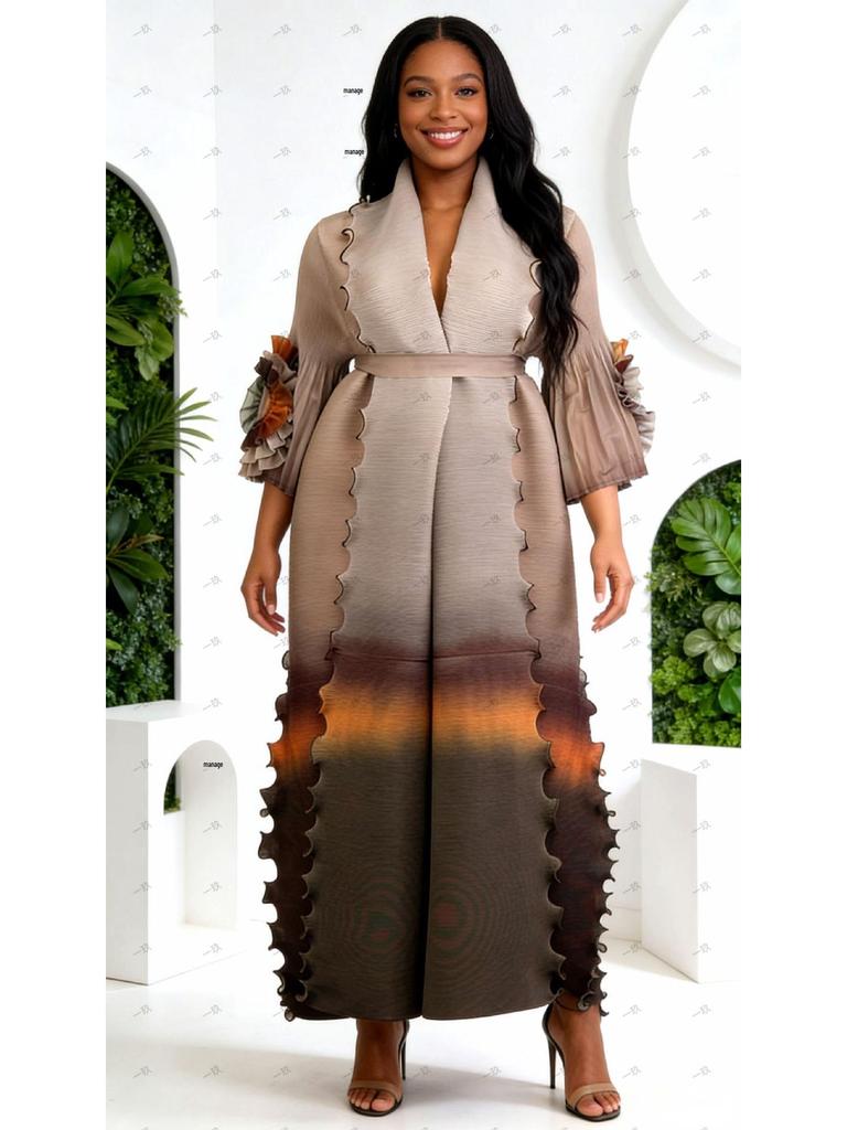 Miyake Women's Tie-Waist Gradient Ruffled Long Coat and Skirt Set - Ideal for Spring and Autumn