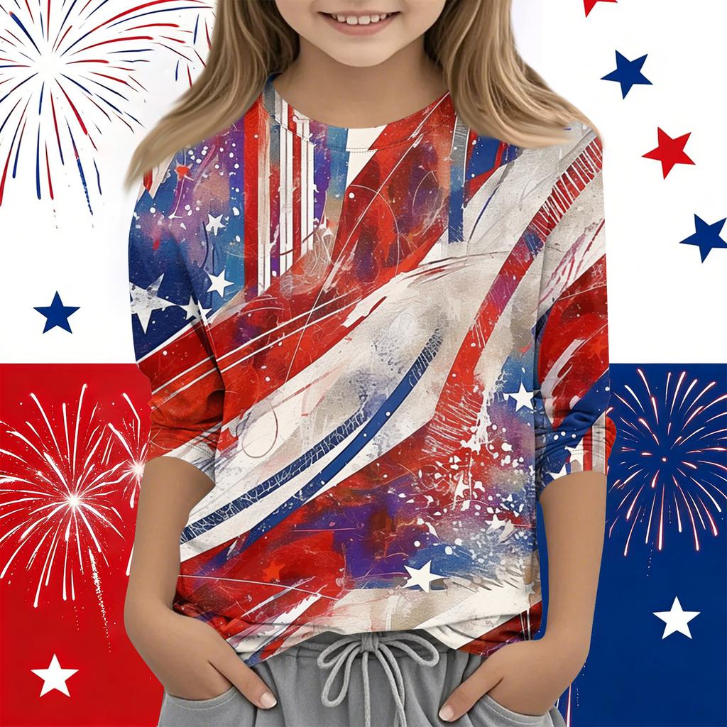 Print Tops For Youth Girls Round Neck 3/4 Sleeves T-Shirts Trendy Tops Outfit Tees Independence Day