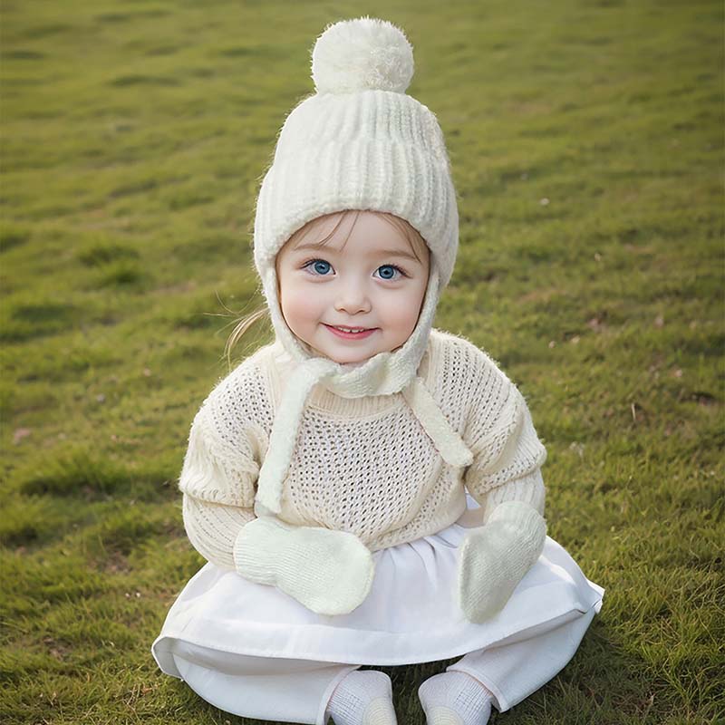 2Pcs Baby Strickmützen Handschuhe Niedliche Kinder Haarballenmütze Gehörschutzkappe Herbst Winter Einfarbig Säugling Outdoor Zubehör Set