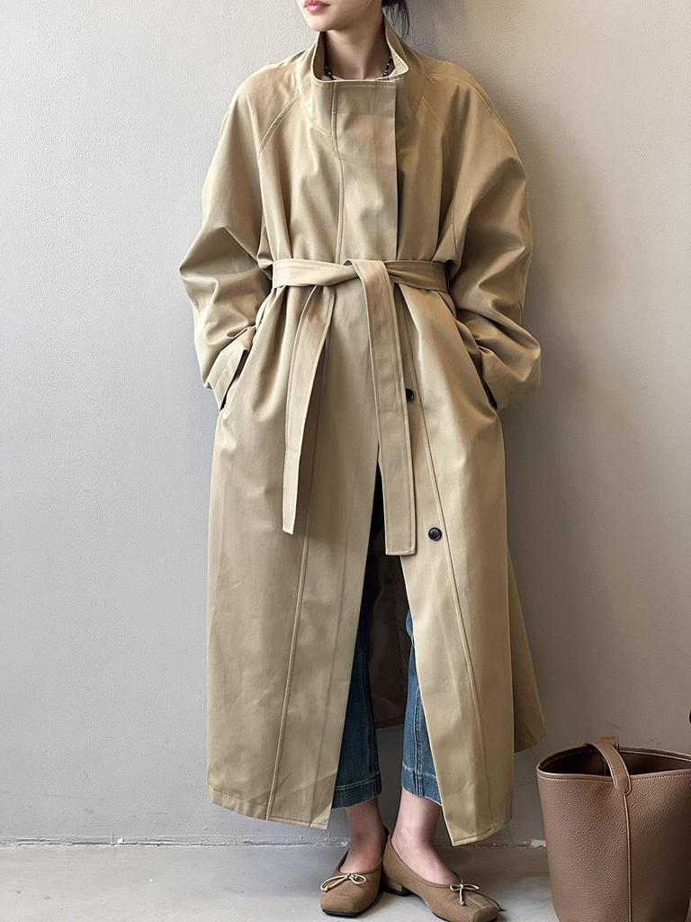 Women's Retro Style Mid-Length Cotton Trench Coat with Stand-Up Collar
