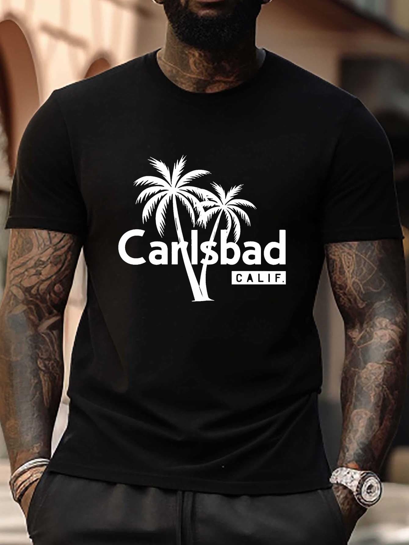 Carlsbad Palm Trees Minimalist T-shirt - Black with White Geometric Print XL