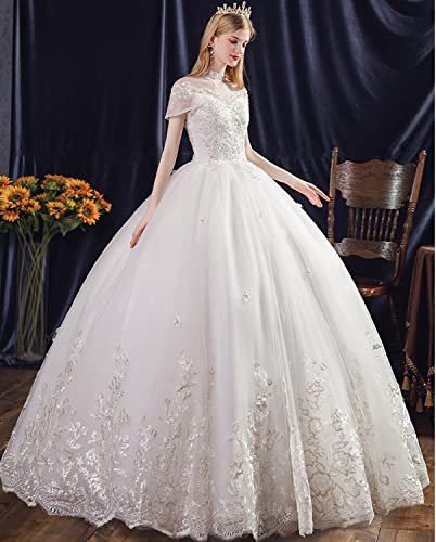[Housaku Co., Ltd.] Wedding Dress, High Neck, French Sleeves, Long Length, Princess Line, Elegant, Premium Dress, Lace-up, Pure White, Bridal Dress (2