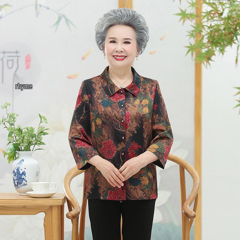 Pure Silk Satin Shirt for Elderly Women – Grandma’s Spring & Summer Chinese-Style Top L (recommended for 80-100 lbs)