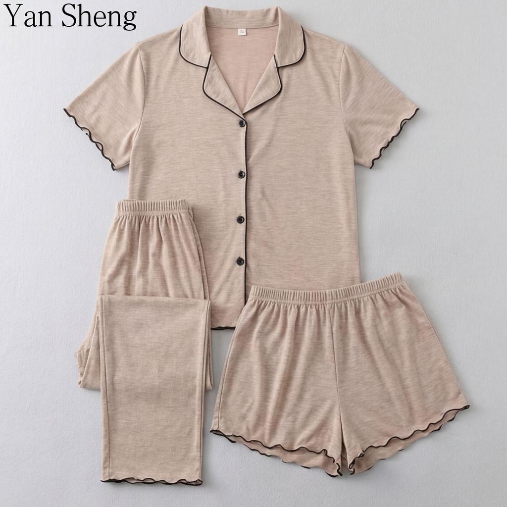 Women Pajama 3‑Piece Set, Color Cotton Button Open Shirt Shorts Pants, Khaki Loose Loungewear For Home Sleep
