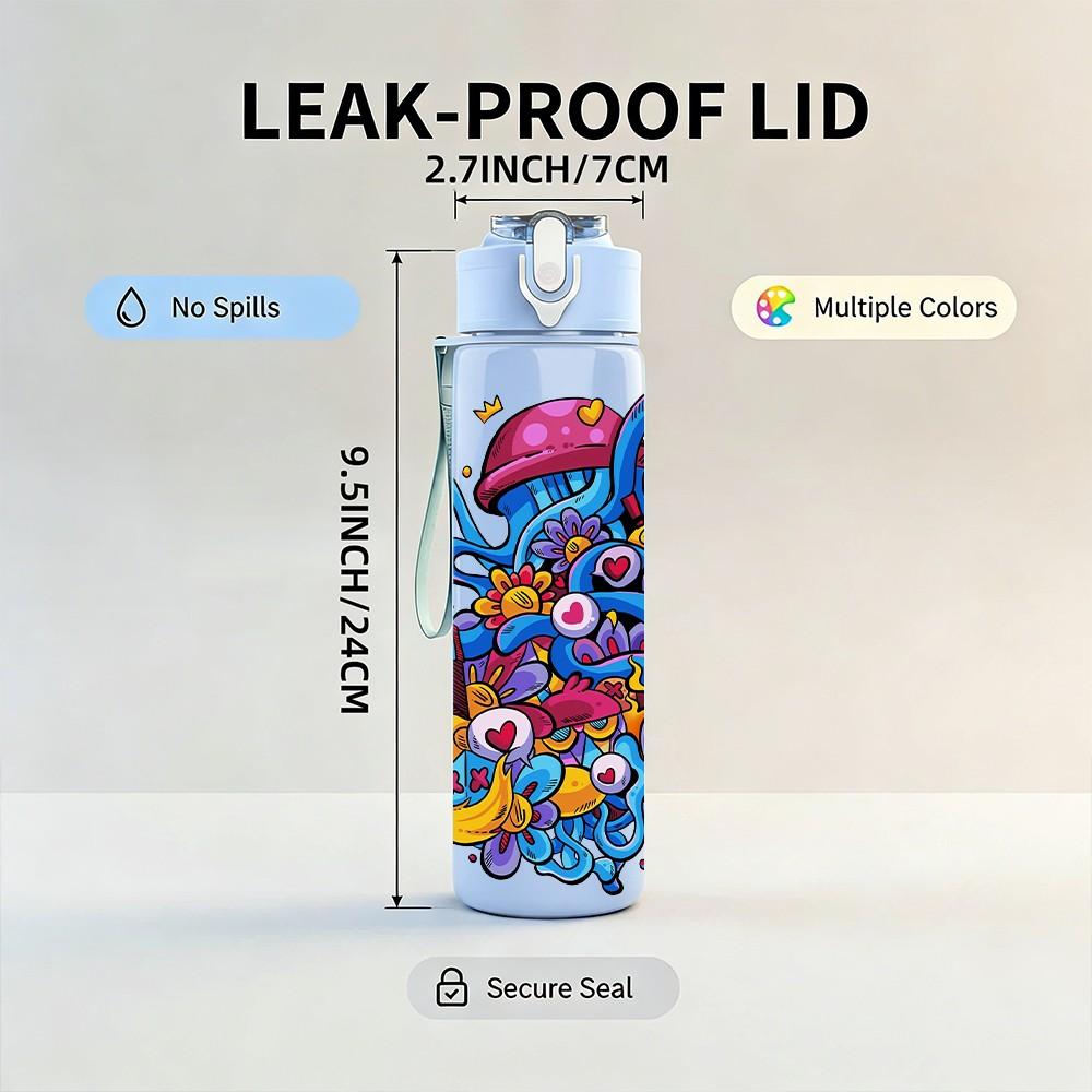 1PC Psychedelic Swirl Graffiti Doodle Pattern 750ml Color Plastic Sports Water Bottle Leakproof Flip Straw Lid Suitable for Sports Office Home Use