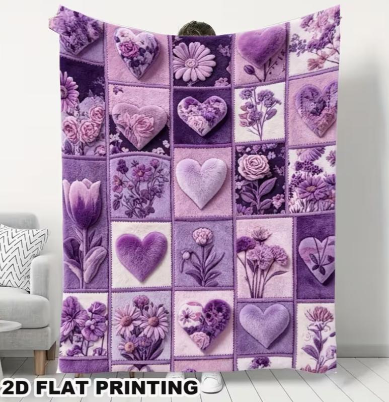 Purple Vintage Patchwork ArtFloral Checkered Dove Heart PatternHigh-Quality Single-Sided Printed Flannel Blanket