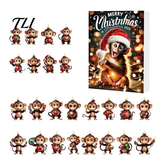Holiday Box Christmas Monkey Advent Calendar, 24 Days Countdown Calendar with 2D Acrylic Collectible Figurine Ornament, Funny Animal Xmas Tree Hanging