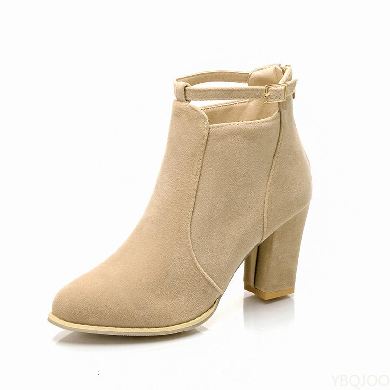 Fashion Woman Suede High Heel Ankle Boots Style Fashion Thick Heel Pointed Back Zipper Boots Women Square Heeled Short Booties