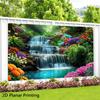 Banner Cascadă Tropicală 2D, Fundal Pădure cu Flori pentru Decor Exterior și Grădină