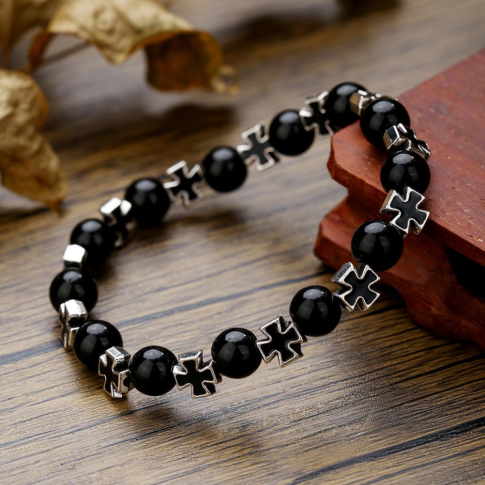 Mała Świeża Niszowa Bransoletka z Czarnego Agatu i Opalu Wszechstronna Koreańska Wersja Elastyczna Bransoletka z Krzyżem