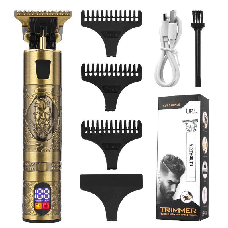 Retro T9 Electric Hair Clipper with LCD Display, USB Charging, Buddha Head Design, Oil Head Styling, and Power Push Technology.