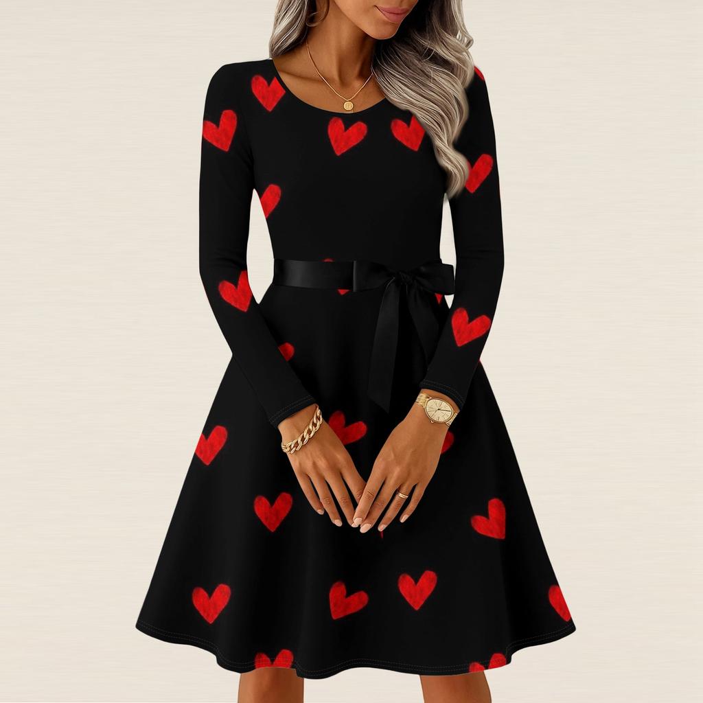 Damen Casual Mode Langarm Vintage Lange Kleider Frühling Valentinstag