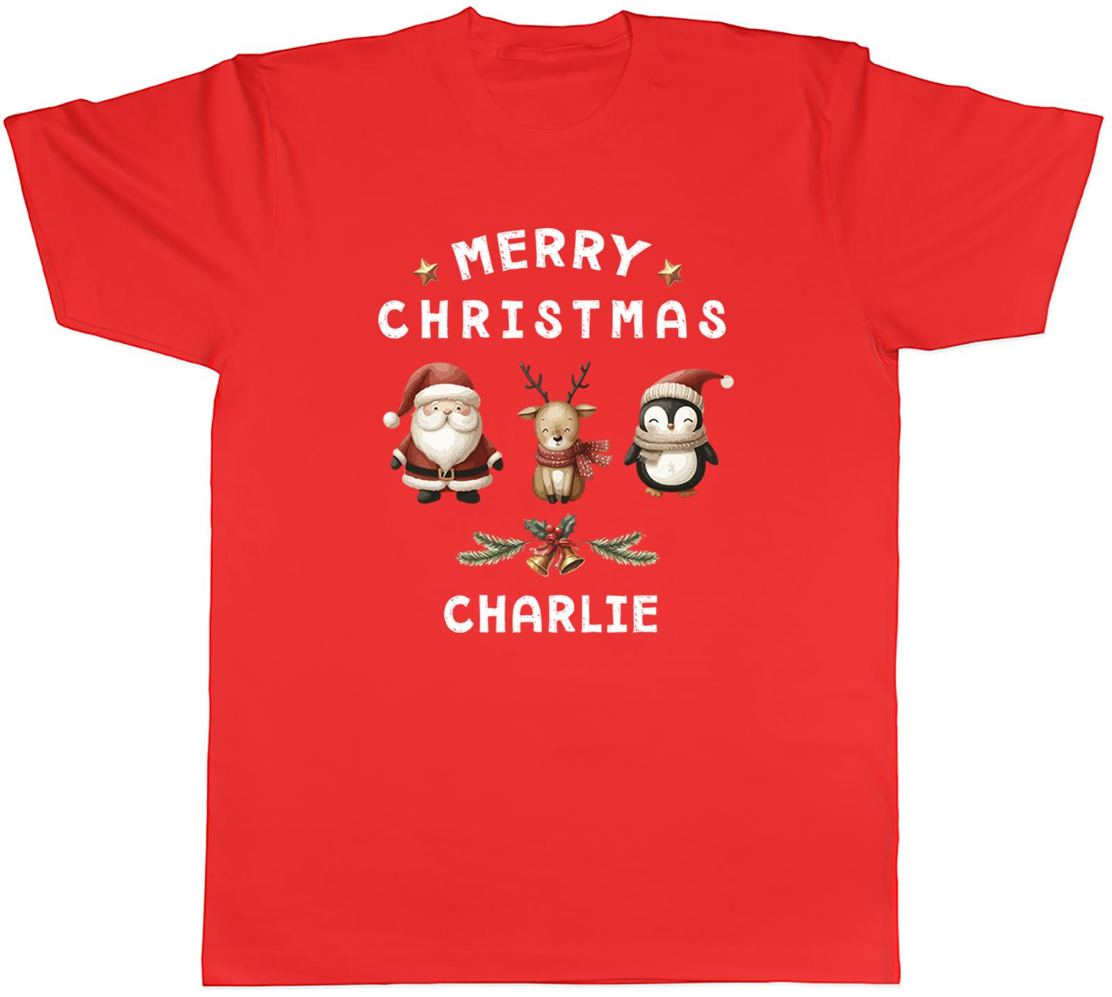 Personalised Merry Christmas Penguin Santa Deer Mens TShirt Tee Gift Top S