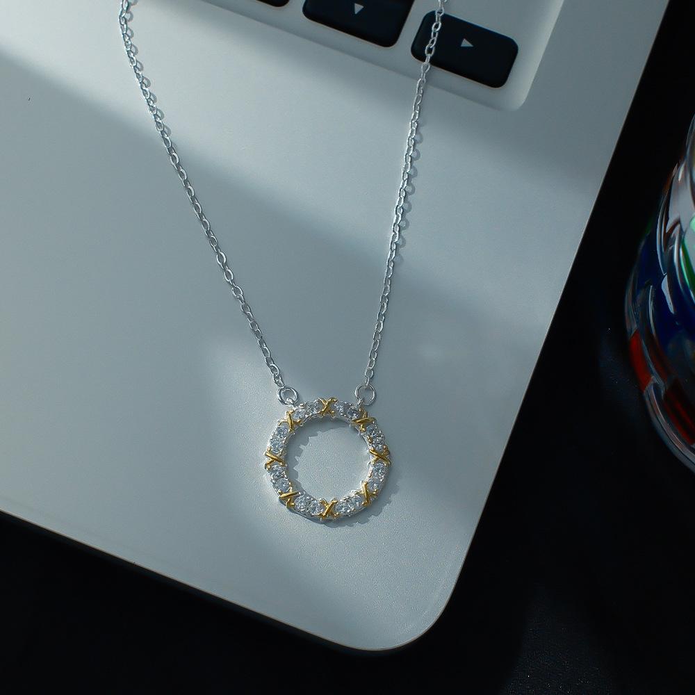 Cold Wind Exquisite Two-Color Diamond-Encrusted Ring Necklace Women'S Light Luxury Niche Design Sense Simple Collarbone Chain Versatile Neck Chain